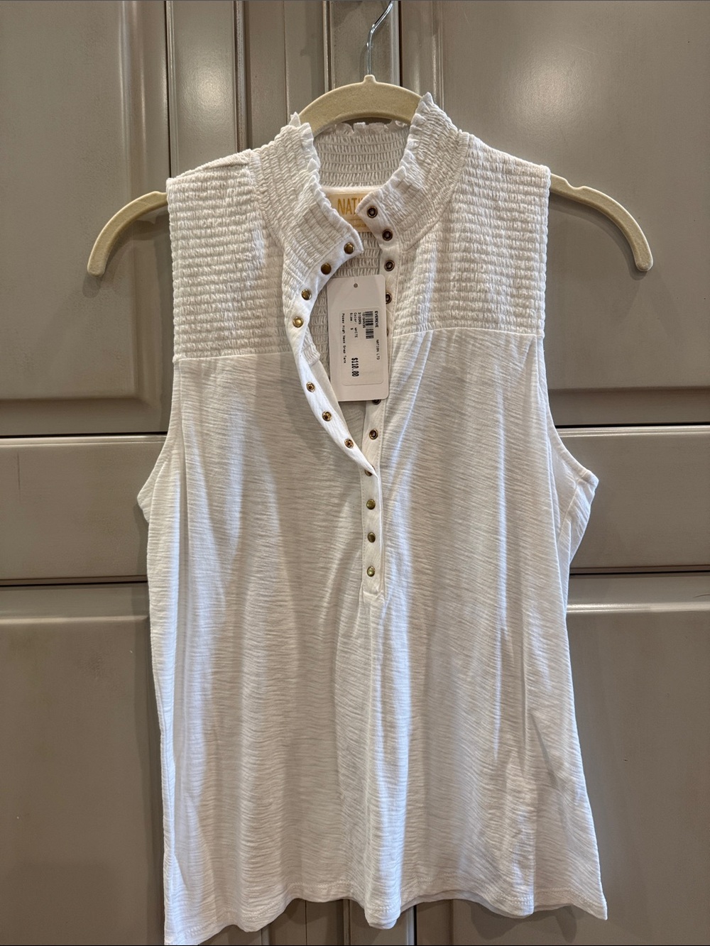Nation LTD White Sleeveless Henley Tank with Smocked Yoke